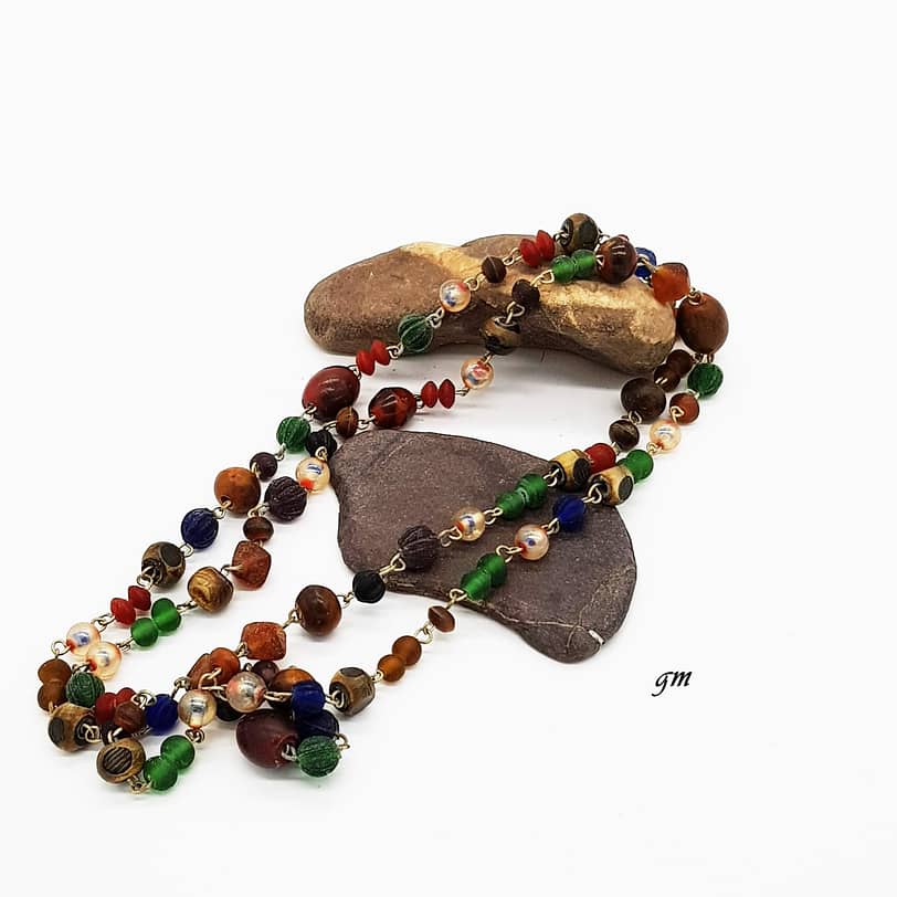 Vintage, Boho Halskette mit Glasperlen und Holzperlen gemischt, Modeschmuck 70er,