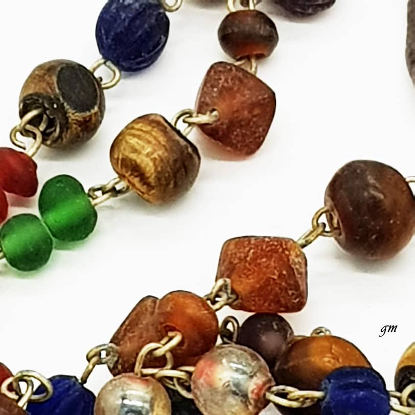 Vintage, Boho Halskette mit Glasperlen und Holzperlen gemischt, Modeschmuck 70er,